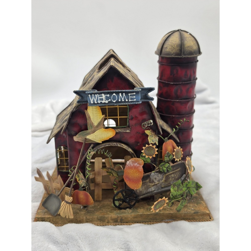 Home Interiors Metal Barn Tea Light Holder Fall Thanksgiving Pumpkin Pheasant